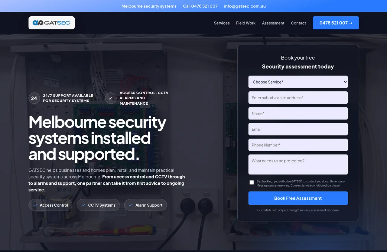Complete-width GATSEC internal service-page concept viewport with header, hero and assessment form